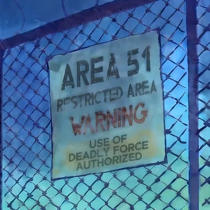 The Area 51 sign, detail from the Hunter's Moon cover art by Brett Weldele