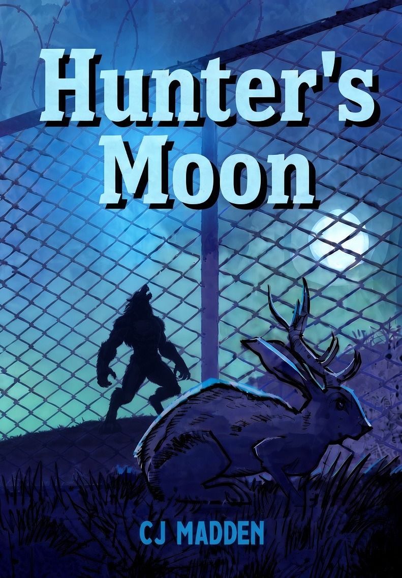 Hunter's Moon cover by Brett Weldele: a werewolf silhouette and a jackalope beneath a full moon behind a chain-link fence