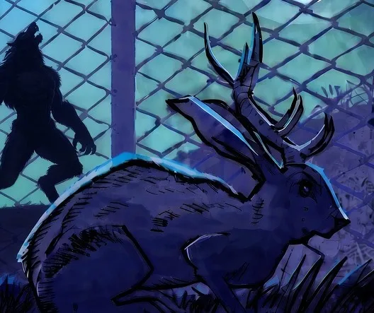 The jackalope, detail from the Hunter's Moon cover art by Brett Weldele
