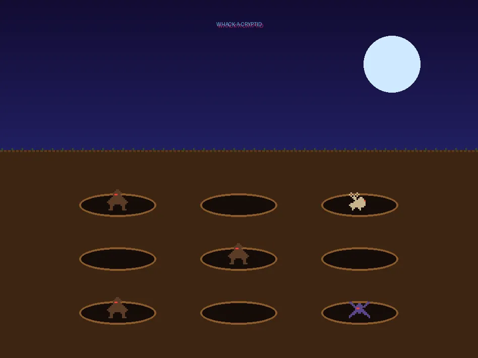 Whack-a-Cryptid title screen: pixel-art dirt field with nine holes, Bigfoot, Mothman, a jackalope and an alien peeking out under a moonlit sky, game title in glowing cyan, PRESS START. © Maddog Industries.